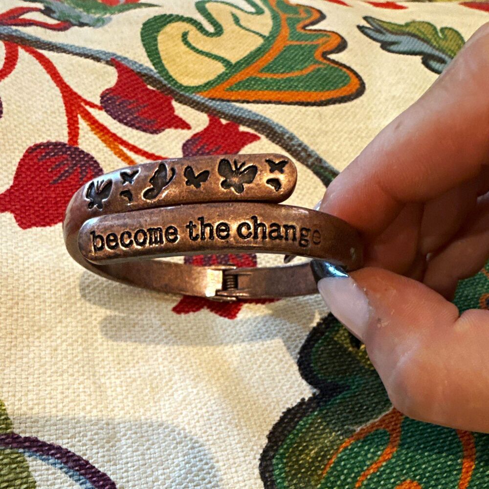 Bronze Metal Engraved Cuff Bracelet "Become the Change" Butterfly Adjustable